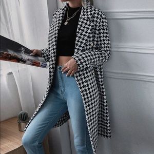 SHEIN Lapel Collar Double Breasted Houndstooth Coat